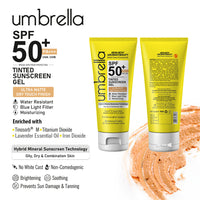 Umbrella Tinted Mineral Sunscreen Gel SPF50 PA+++ Moisturizing, Water-Resistant, Blue Light Filter, Water-Resistant, Dry Touch, No White Cast, Tinosorb M + Titanium Dioxide - Keya Seth Aromatherapy