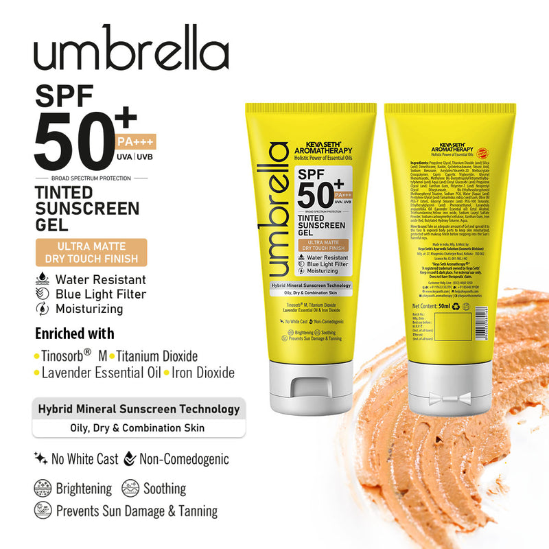 Umbrella Tinted Mineral Sunscreen Gel SPF50 PA+++ Moisturizing, Water-Resistant, Blue Light Filter, Water-Resistant, Dry Touch, No White Cast, Tinosorb M + Titanium Dioxide - Keya Seth Aromatherapy