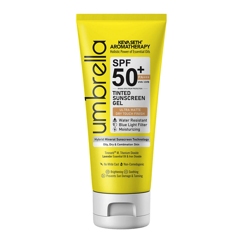 Umbrella Tinted Mineral Sunscreen Gel SPF50 PA+++ Moisturizing, Water-Resistant, Blue Light Filter, Water-Resistant, Dry Touch, No White Cast, Tinosorb M + Titanium Dioxide - Keya Seth Aromatherapy