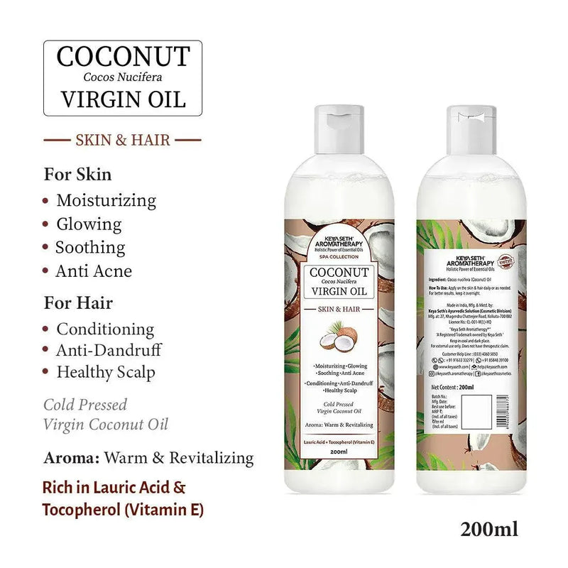 Virgin Coconut Oil, Skin & Hair, Cold Pressed, Moisturizing, Glowing, Soothing Nourishment Anti Dandruff, Rich in Lauric Acid & Vitamin E - Keya Seth Aromatherapy