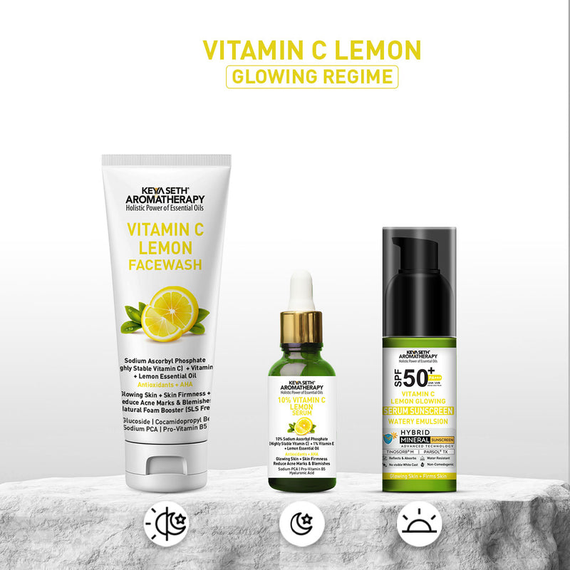 Vitamin C Lemon Glowing Serum Mineral Sunscreen, SPF 50 PA+++, Watery Emulsion, No White Cast, Water Resistant,Tinosorb M + Parsol TX - Keya Seth Aromatherapy