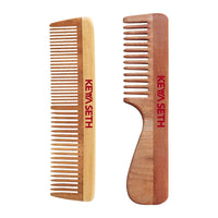 Handmade Neem Wooden Comb for Women: Detangles, Controls Frizz, Anti-Static, Promotes Hair Growth, Suitable for All Hair Types Dual & Wide Tooth with Handle Combo - Keya Seth Aromatherapy