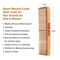 Handmade Neem Wooden Comb for Women: Detangles, Controls Frizz, Anti-Static, Promotes Hair Growth, Suitable for All Hair Types Dual & Wide Tooth with Handle Combo - Keya Seth Aromatherapy