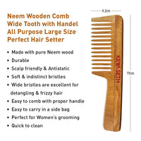 Handmade Neem Wooden Comb for Women: Detangling, Anti-Static, Promotes Hair Growth, Control Frizz, Perfect for Hair Partition, Suitable for All Hair Types Wide Tooth with Handle & Tail Comb Combo - Keya Seth Aromatherapy