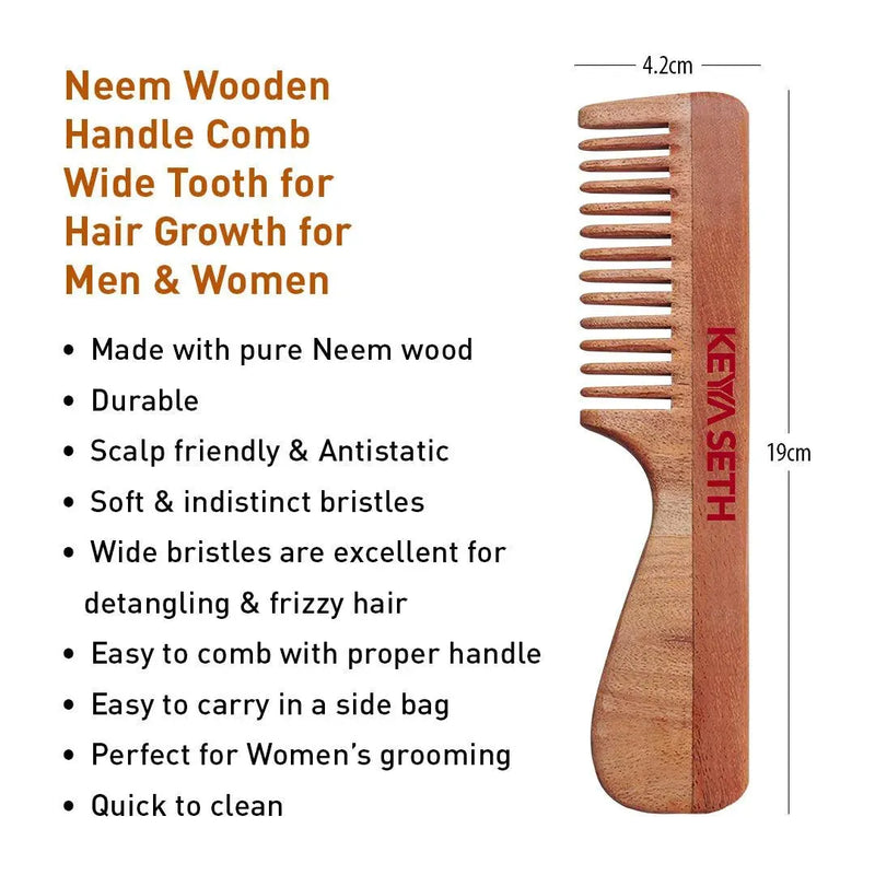 Handmade Neem Wooden Comb for Women: Detangles, Controls Frizz, Anti-Static, Promotes Hair Growth, Suitable for All Hair Types Dual & Wide Tooth with Handle Combo