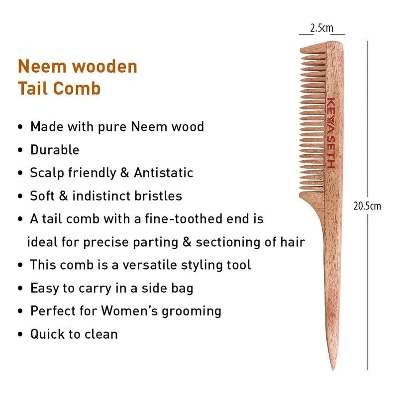 Handmade Neem Wooden Comb for Women: Detangling, Anti-Static, Promotes Hair Growth, Control Frizz, Perfect for Hair Partition, Suitable for All Hair Types Wide Tooth with Handle & Tail Comb Combo - Keya Seth Aromatherapy