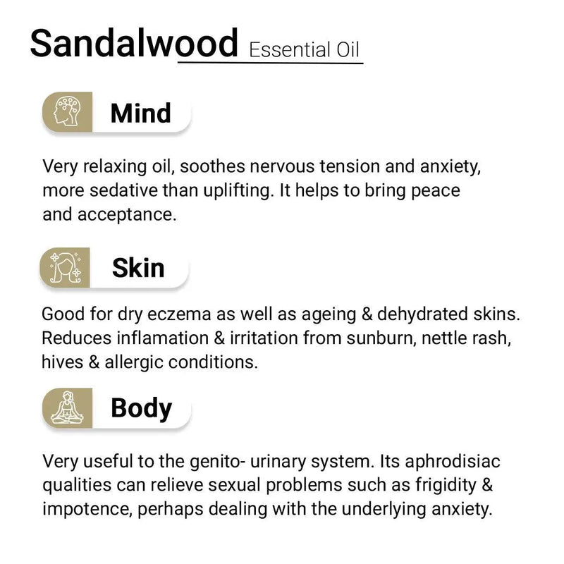 Sandalwood Essential Oil, Therapeutic Pure & Natural, Mysore Sandal, Antiseptic, Ageing Skin, Relaxing 10ml  - Keya Seth Aromatherapy