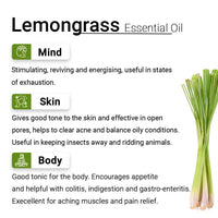 Lemongrass Essential Oil, Therapeutic, Pure & Natural, Stimulates & Energies Body and Mind, Insecticide 10ml - Keya Seth Aromatherapy