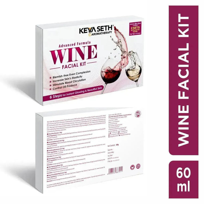 Wine Facial Kit 6 Steps Enriched with Red Grape Seed Extract for Instant Glowing, Blemish-free Even Complexion Increase Elasticity & Circulation - Keya Seth Aromatherapy