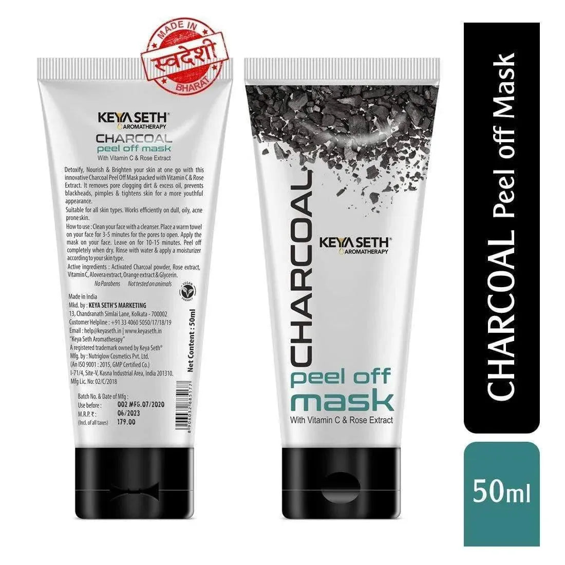 Charcoal Peel Off Mask-Blackhead & Dead Skin Removal, Tightens Pores, Deeply Cleanses  with Vitamin C, Rose Extract & Activated Charcoal  - Keya Seth Aromatherapy