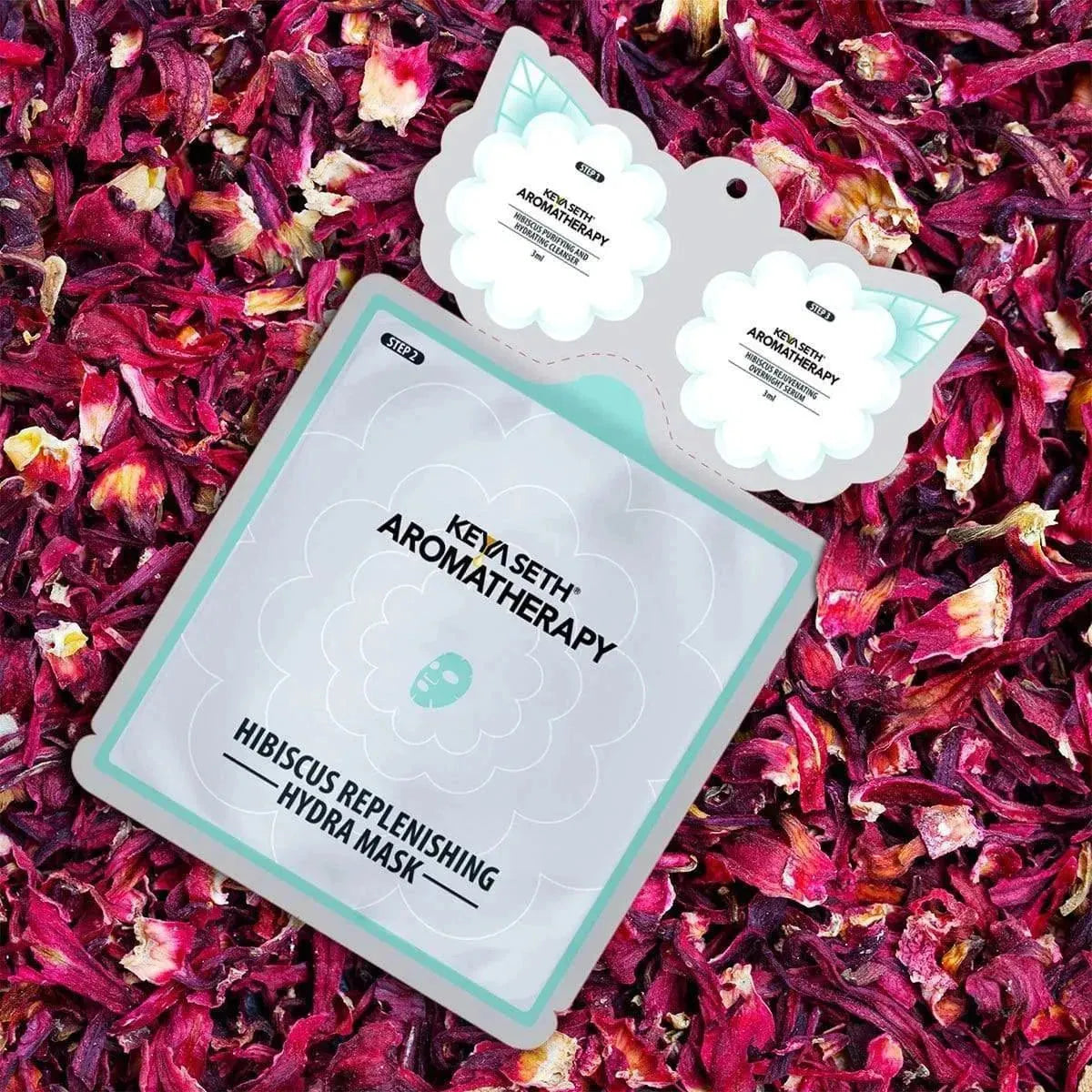 Hibiscus Replenishing Hydra 3-In-1 Facial Sheet Mask, Cleanser + Mask + Overnight Serum, Enriched with Hyaluronic Acid & Vitamin E - Keya Seth Aromatherapy